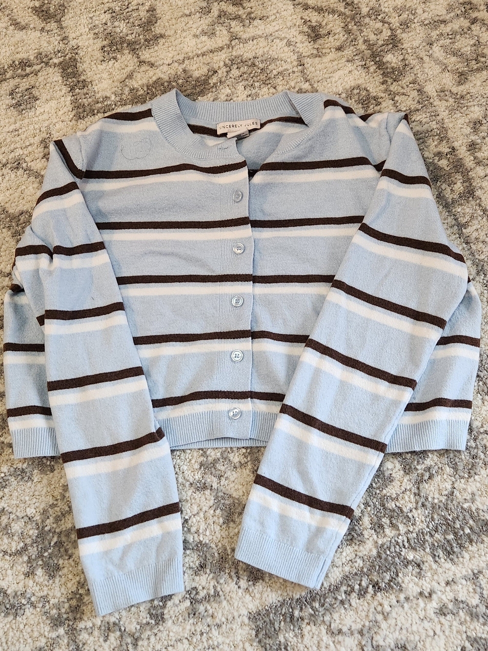 Sincerely Jules Light Blue Striped Button-Front Cropped Cardigan